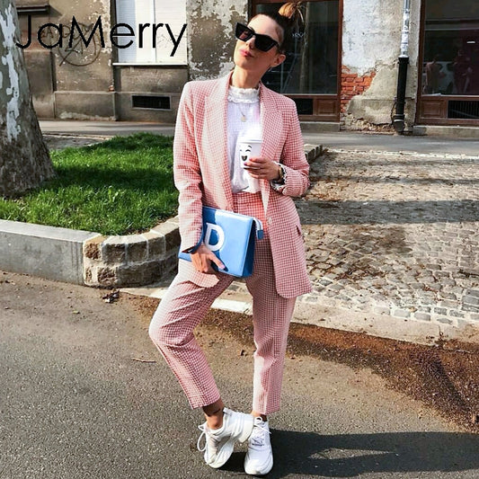 JaMerry Vintage casual women pink plaid blazer suit Autumn single breasted long sleeve female office pants suits Winter outwear