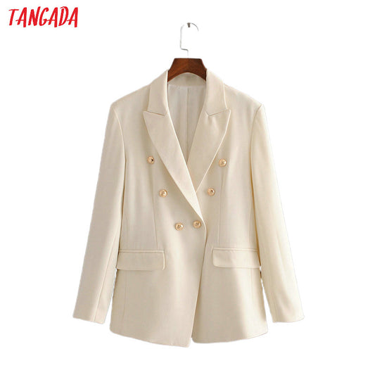 Tangada women solid beige blazer female long sleeve buttons elegant jacket ladies work wear formal suits 3H501