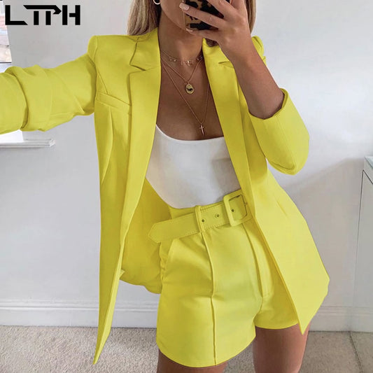 hot sale new 2019 ins explosion Women's clothing autumn long sleeve cardigan jacket shorts solid color two-piece Lady suit real