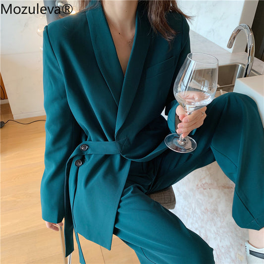 Mozuleva Vintage 2020 Two Pieces Set Women Blazer Set Lace Up Notched Blazer & Loose Pant Women Pant Suits Female Trouser Suit