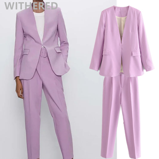 Dave&Di england office lady Lavender casual blazer women jackets sashes regular suits pants women trousers women two pieces sets